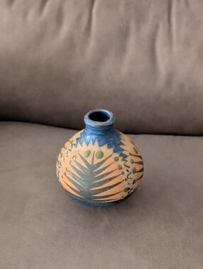 Hand-Painted Ceramic Vase in Blue and Terracotta with Green Accents